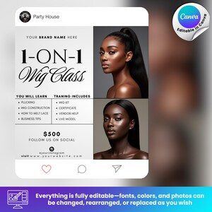 Puede incluir: Un gr&aacute;fico promocional para una clase de pelucas 1-a-1. El dise&ntilde;o incluye el texto "1-ON-1 Wig Class", una lista de lo que aprender&aacute;s y lo que incluye la formaci&oacute;n. El gr&aacute;fico tambi&eacute;n presenta dos im&aacute;genes de mujeres con cabello largo y oscuro.