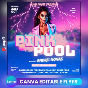 Folleto de fiesta en la piscina/Anuncio de fiesta en la piscina en las redes sociales Invitación editable para la piscina de verano/Plantilla de Canva DIY/Fiesta de cumpleaños en la piscina de verano Canva