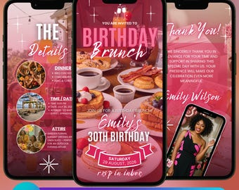 Animated Birthday Brunch Video Invitation, Editable Template, Elegant Pink Invite, Premade Party Gathering Celebration, Digital Invitation