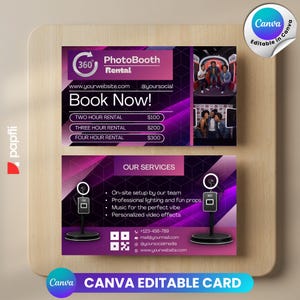 May include: A business card design for a photo booth rental service. The card features a purple and black geometric design with the text "PhotoBooth Rental" and "Book Now!". It includes contact information and a list of services.