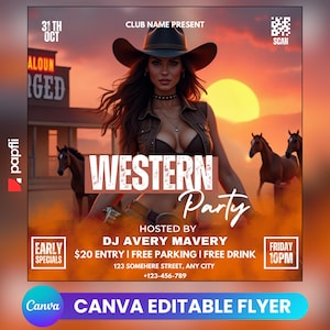 Western Party Flyer, Social Media Western Party Announcement, Editable Western Invitation, DIY Canva Template, Birthday Western Party Canva