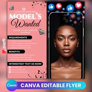 Può includere: Un volantino rosa con la scritta "MODEL'S Wanted" e la foto di una donna sullo schermo di uno smartphone. Il volantino promuove la ricerca di volti eleganti per un marchio, elencando requisiti e vantaggi. La parte inferiore del volantino dice "CANVA EDITABLE FLYER".