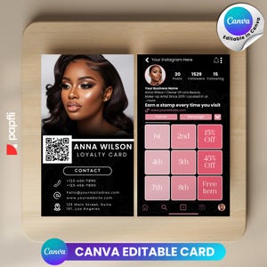 May include: A black loyalty card with a photograph of a woman with dark hair and makeup. The card includes contact details, a QR code, and a stamp rewards scheme. The text "ANNA WILSON LOYALTY CARD" is clearly visible.