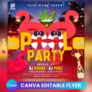 Folleto de fiesta en la piscina/Anuncio de fiesta en la piscina en las redes sociales Invitación editable para la piscina de verano/Plantilla de Canva DIY/Fiesta de cumpleaños en la piscina de verano Canva