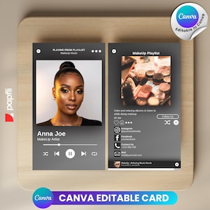 Peut inclure: Conception de carte grise recto-verso sur le thème du maquillage. Un côté présente une photo d'Anna Joe, maquilleuse, et des commandes musicales. L'autre côté affiche des produits de maquillage et des coordonnées de médias sociaux. La carte est modifiable dans Canva.