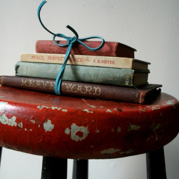 Antique Books Stack of Four 1800's Colorful Book Home Decor