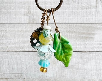 Sunny Fairy Lantern Trinket Necklace: Hand-sculpted Polymer Clay Glazed Charm + Beaded Charms + 18" Chain