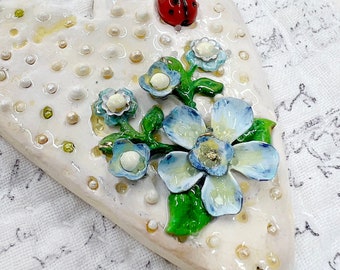 Handmade Heart Art: Sculpted Clay Heart, Enameled Flowers Framed