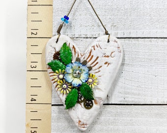 Handmade Heartfelt Ornament 15: hand sculpted heart with mixed media hand-painted enameled flowers by artist Tammy Tutterow