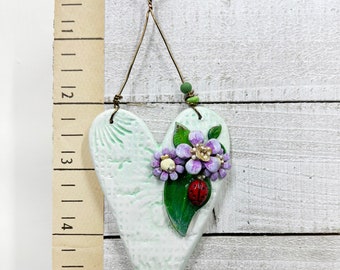 Handmade Heartfelt Ornament 13: hand sculpted heart with mixed media hand-painted enameled flowers by artist Tammy Tutterow