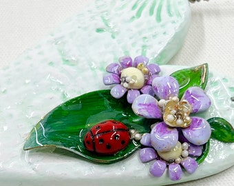 Handmade Heart Ornament: Sculpted Clay, Enameled Flowers & Ladybug