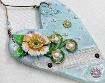 Handmade Sculpted Clay Heart Ornament: Enameled Flowers, Mixed Media Art