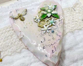 Handmade Sculpted Heart Wall Art: Enameled Flowers, Vintage Accents