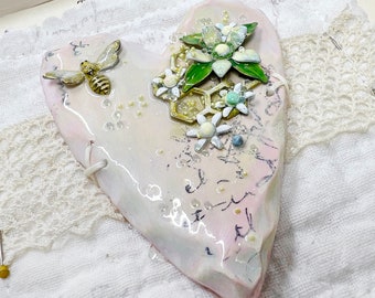 Handmade Heartfelt Sampler 16: framed hand sculpted heart with hand-painted enameled flowers by artist Tammy Tutterow