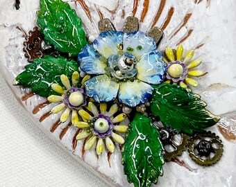 Handmade Heart Ornament: Sculpted Clay with Enameled Flowers