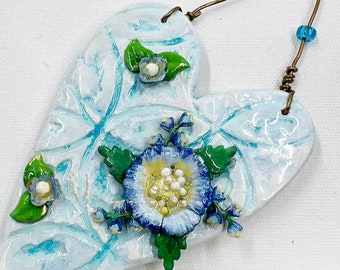 Handmade Clay Heart Ornament: Enameled Flowers, Mixed Media