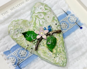 Handmade Heart Art: Sculpted Enamel Flowers, Vintage Quilt Framed Sampler