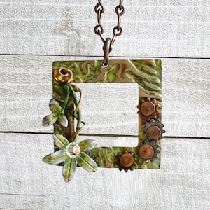 Grace & Gears Necklace: Hand-painted Embossed Metal Charm + 20&quot; Chain