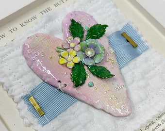 Handmade Framed Heartfelt Sampler: Sculpted Heart with Enameled Flowers