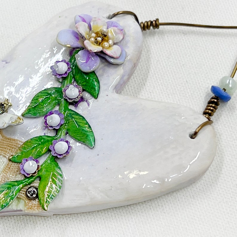 Handmade Heartfelt Ornament 6: hand sculpted heart with mixed media hand-painted enameled flowers by artist Tammy Tutterow image 4