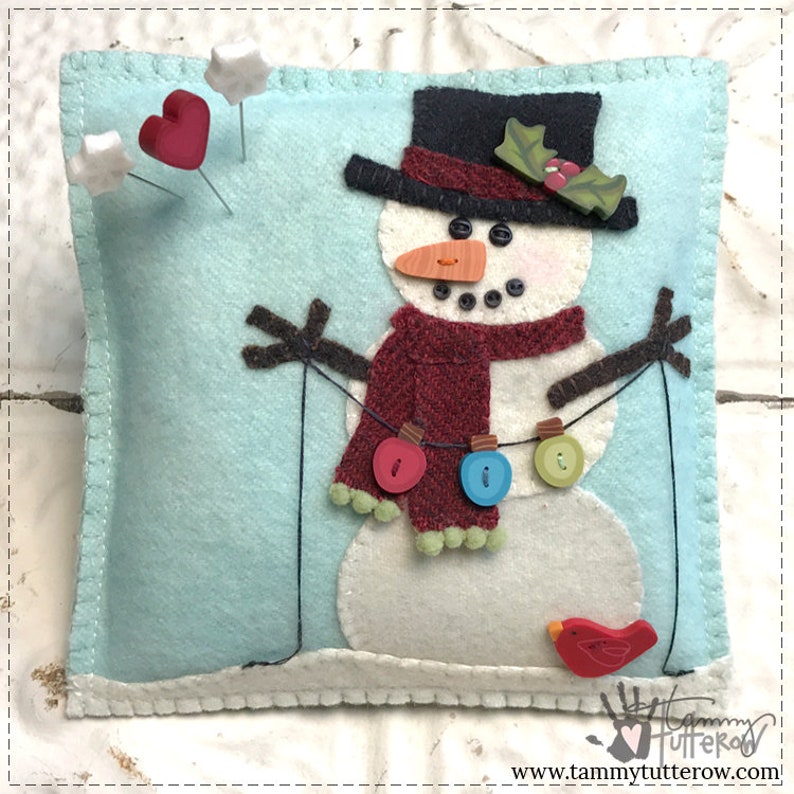 Snow Many Buttons Wool Applique Mini Pillow Download image 1