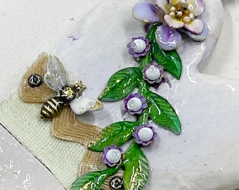 Handmade Sculpted Heart Ornament: Mixed Media Flowers, Enamel Bee