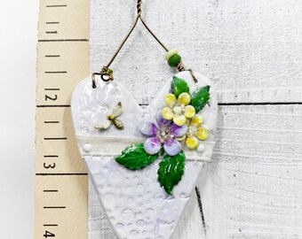 Handmade Heartfelt Ornament 9: hand sculpted heart with mixed media hand-painted enameled flowers by artist Tammy Tutterow