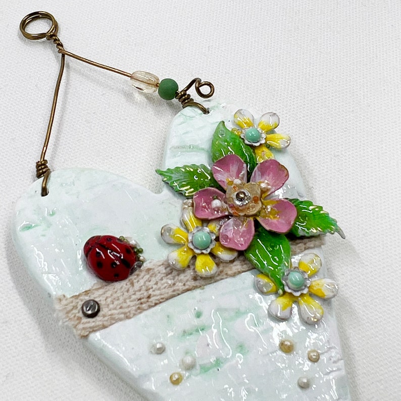 Handmade Heartfelt Ornament 11: hand sculpted heart with mixed media hand-painted enameled flowers by artist Tammy Tutterow image 5