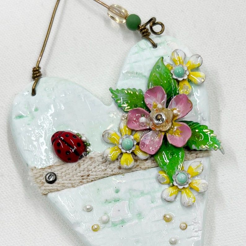 Handmade Heartfelt Ornament 11: hand sculpted heart with mixed media hand-painted enameled flowers by artist Tammy Tutterow image 4