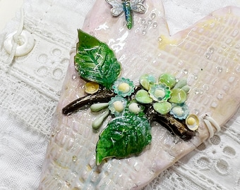 Handmade Sculpted Clay Heart Wall Art: Enameled Flowers, Vintage Details