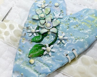 Handmade Clay Heart Art: Floral Enamel, Vintage Quilt Framed Sampler