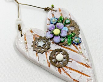 Handmade Clay Heart Ornament: Enameled Flowers, Mixed Media Art