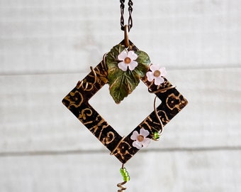Entwined Necklace: Hand-painted Embossed Metal Charm + 18" Chain