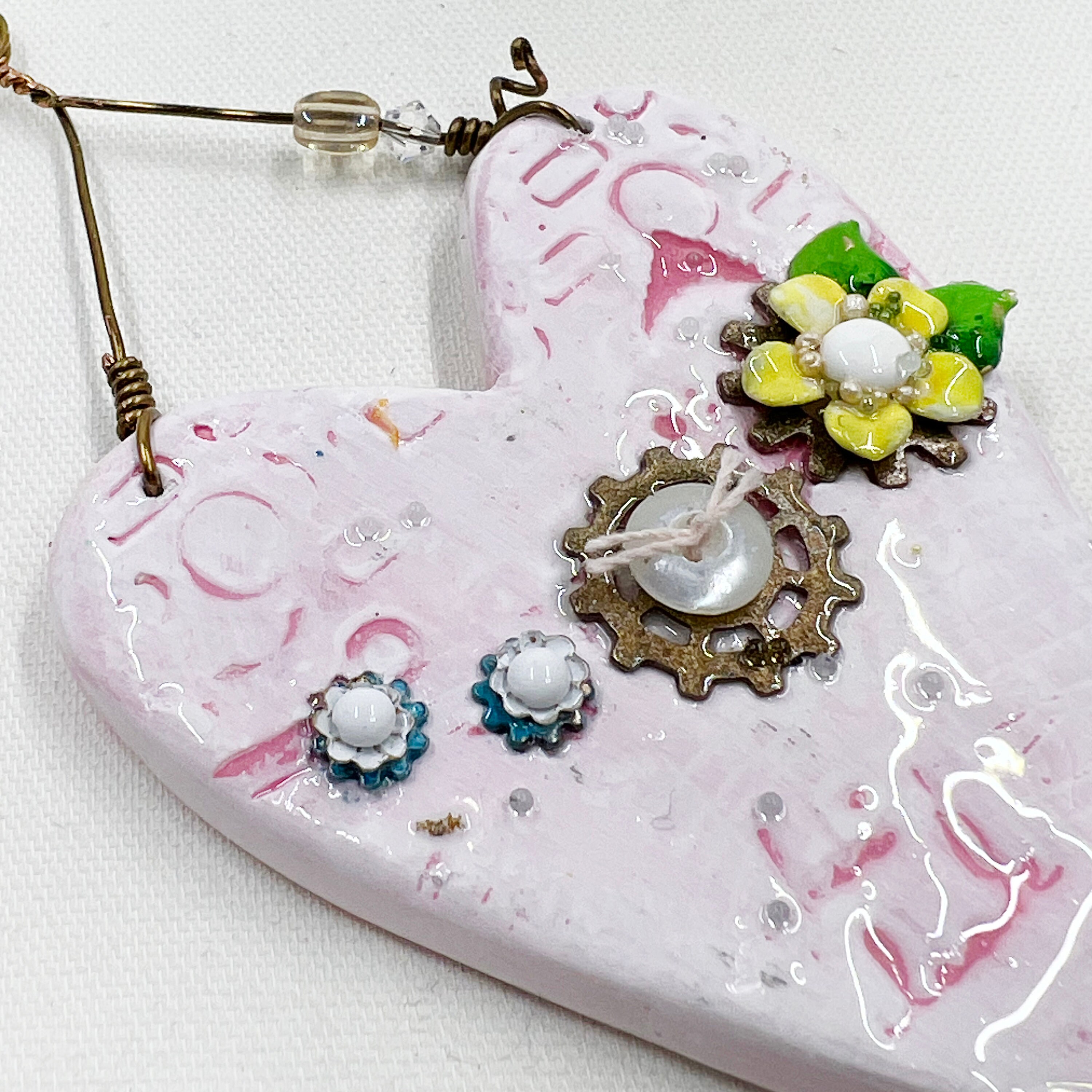 Handmade Heartfelt Ornament 4: hand sculpted heart with mixed media hand-painted enameled flowers by artist Tammy Tutterow