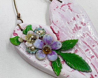 Handmade Heart Ornament: Sculpted Clay with Enamel Flowers