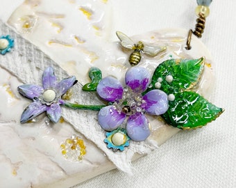 Handmade Heart Ornament: Sculpted Clay, Enameled Flowers