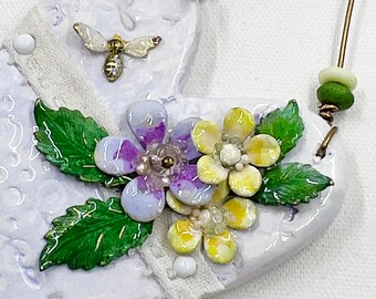 Handmade Clay Heart Ornament: Enameled Flowers & Miniature Beads