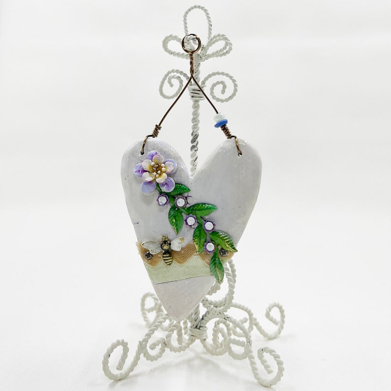 Handmade Heartfelt Ornament 6: hand sculpted heart with mixed media hand-painted enameled flowers by artist Tammy Tutterow image 2