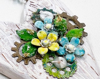 Handmade Enameled Flower Heart Ornament: Mixed Media Art