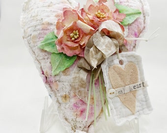 Handmade Vintage Quilt Heart: Mixed Media Fabric Art, Floral Embellished