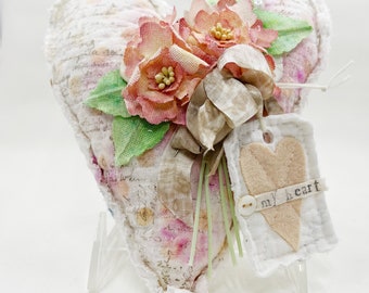 Handmade Heartfelt Love Notes Vintage Heart Bowl Filler #3: mixed media fabric art with handmade flowers by artist Tammy Tutterow