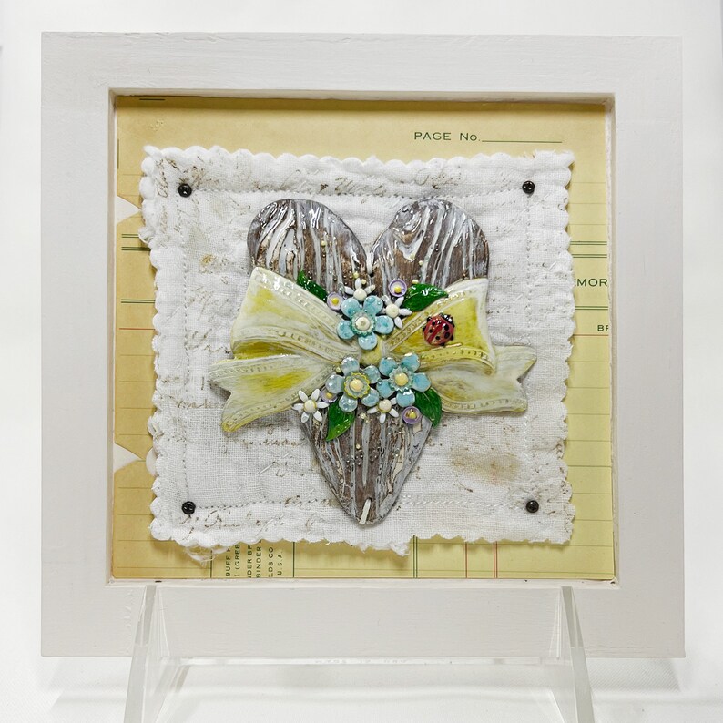 Handmade Heartfelt Sampler 4: framed hand sculpted heart with hand-painted enameled flowers by artist Tammy Tutterow image 2