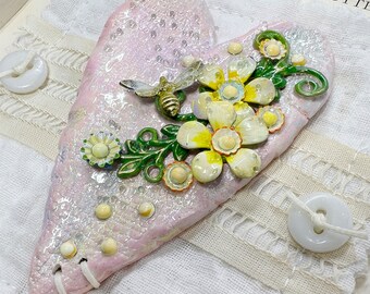 Handmade Sculpted Heart Sampler: Enamel Flowers, Vintage Collage