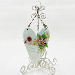 Handmade Heartfelt Ornament 11: hand sculpted heart with mixed media hand-painted enameled flowers by artist Tammy Tutterow image 2