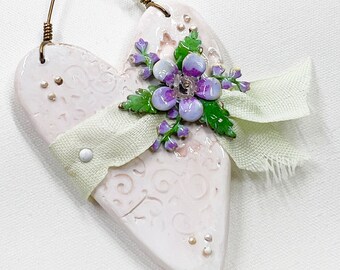 Handmade Sculpted Clay Heart Ornament: Enameled Flowers, Mixed Media