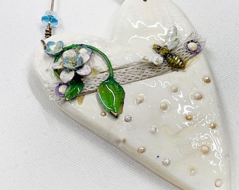 Handmade Clay Heart Ornament: Enameled Flowers & Bee, Mixed Media Art