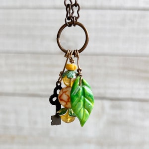 Golden Fairy Lantern Trinket Necklace: Hand-sculpted Polymer Clay Glazed Charm + Beaded Charms + 20&quot; Chain