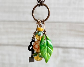 Golden Fairy Lantern Trinket Necklace: Hand-sculpted Polymer Clay Glazed Charm + Beaded Charms + 20" Chain