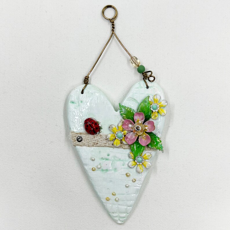 Handmade Heartfelt Ornament 11: hand sculpted heart with mixed media hand-painted enameled flowers by artist Tammy Tutterow image 3