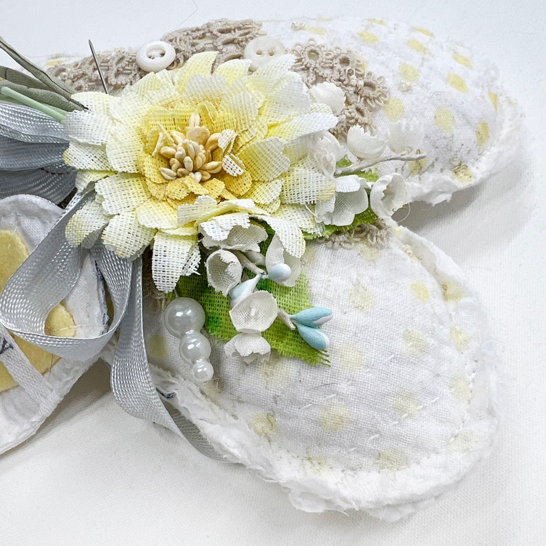 Handmade Heartfelt Love Notes Vintage Heart Bowl Filler 5: mixed media fabric art with handmade flowers by artist Tammy Tutterow image 5